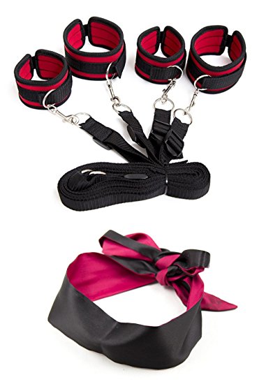 Medical Grade Red Bed Restraint System With Ankle Cuffs Fabric Bag (Red) Adjustable Under Bed Restraints   Satin Blindfold