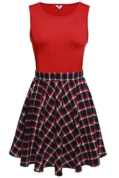 Meaneor Women's Sleeveless Vintage Plaid Patchwork Fit and Flare A-line Dress
