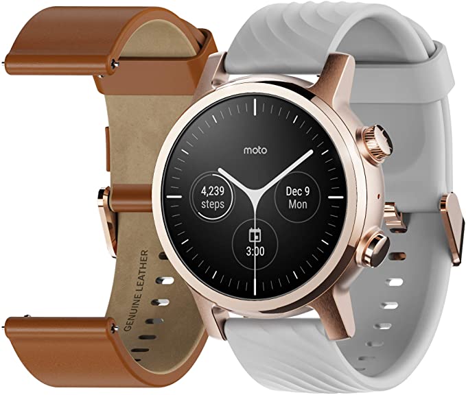 Moto 360 3rd Gen 2020 - Wear OS by Google - The Luxury Stainless Steel Smartwatch with Included Genuine Leather and High-Impact Sports Bands - Rose Gold