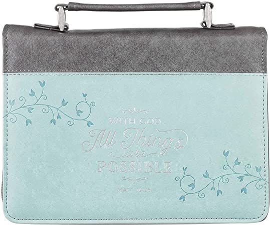 Light Blue/Grey Fashion Bible Cover | with God All Things are Possible Mathew 19:26 | Floral Bible Case Book Cover, Faux Leather, Large