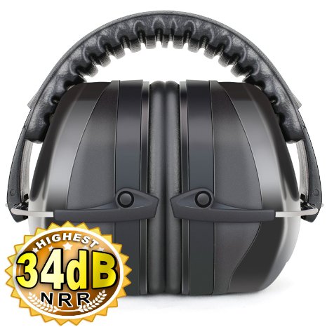 Fnova 34dB Highest NRR Safety Ear Muffs Shooter Hearing Protection Certified ANSI S319 and CE EN521 Compact Adjustable Padded Head Band and Swivel Ear Cups with Soft Foam Fits Adults to Kids Black