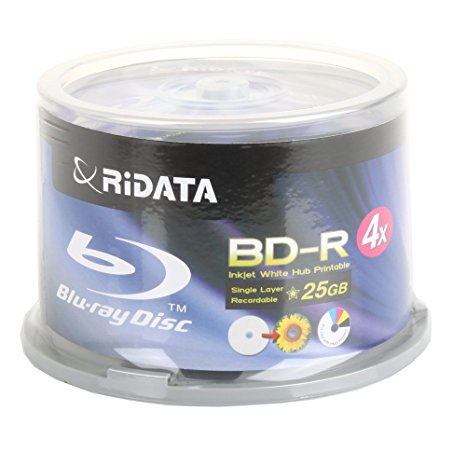 Ritek Ridata Blu-Ray (BD-R) White Inkjet Hub Printable 4X BD-R Media 25GB 50 Pack in Cake Box (BDR-254-RDIWN-CB50)