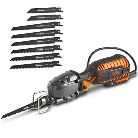 VonHaus 5-amp Compact Reciprocating Saw Kit With 8 Blades - Extra Long 16ft Cable, Max. Cutting Capacity 4½”; ½” Stroke Length; 3000 Strokes per Minute - For Wood Cutting & Metal Cutting