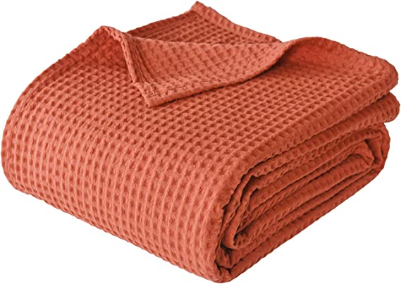 PHF 100% Cotton Waffle Weave Blanket Queen Size 90"x90" - Pre-Washed Soft Lightweight Breathable Blanket for All Season - Perfect Blanket Layer for Couch Bed Sofa - Elegant Home Decoration - Rust Red