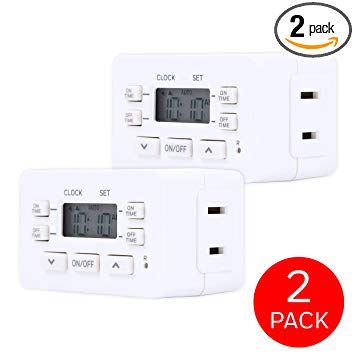 Honeywell Indoor Digital Plug-in Bar Timer 2-Pack, 1 Polarized Outlet, 2 ON/Off Options, 24-Hour Cycle, Override Switch, Ideal for Lamps, Seasonal Lighting, Small Appliances, LED, 45959, 2 Pack, White