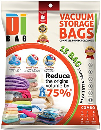 DIBAG COMBO Set Vacuum Storage Bags. 15 Bags Set. 1 Jumbo (122*88 cm)  3 XL(100*67 cm)   4 L(85*54 cm)  4 Medium(57*45 cm)   2 Travel Roll-Up Bags (45*57 cm) without suction  1 Roll-Up Bag (50*34 cm) without suction.