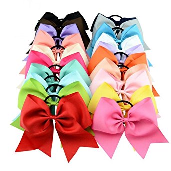 20 Color Set 8" Baby Girl Large Cheer Bows Pony Tail Holder Elastic Head Loop For Girls By David Accessories