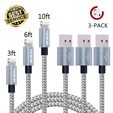 Lightning Cable,Youruiqi 3Pack 3ft 6ft 10ft Nylon Braided High Speed Charging USB Cable Cord for iPhone Charger 7/7 Plus/6/6s/6 Plus/6s Plus (Gray Silver)