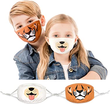 100% Organic Cotton Kids Reusable Face Masks with Adjustable Ear Loops for Children 6-12 yrs. Two Layers of Soft, Protective Fabric for Boys and Girls. Tiger and Dog 2 Pk.