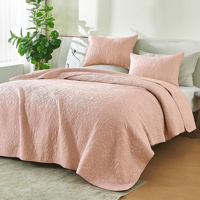 100% Cotton Stitched Full/Queen Quilt Set with Shams, Rose Vintage Decor Bedding Set, All-Season, Ultra-Soft Lightweight Bedspreads. (Full/Queen, Rose - Heirloom)