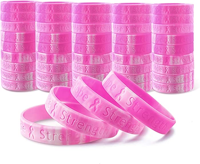 YoleShy 48 PCS Breast Cancer Awareness Bracelets Pink Ribbon Silicone Sports Bracelets for Women Men