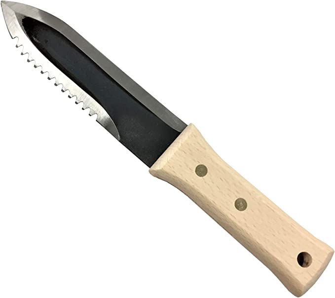 Bonsai No.20026 Japanese Hori Hori Garden Knife, Straight and Serrated Edge Blade 6.7"(170mm), Wooden Handle