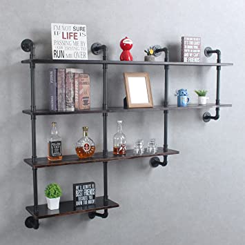 4-Tiers 63inch Industrial Pipe Shelving,Rustic Wooden&Metal Floating Shelves,Home Decor Shelves Wall Mount with Wine Rack,Decorative Accent Wall Book Shelf for Kitchen or Office Organizer,Retro Black