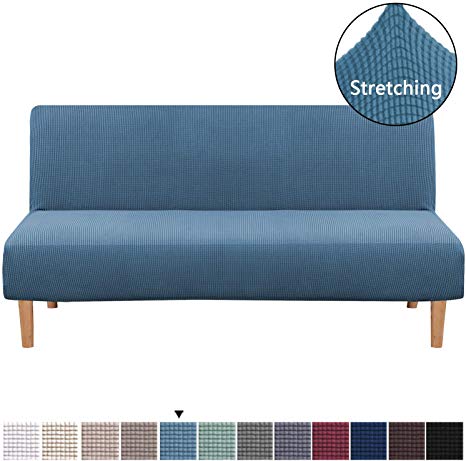 Armless Futon Cover Stretch Sofa Bed Slipcover Protector Elastic Feature Rich Textured Lycra High Spandex Small Checks Jacquard Fabric Sofa Shield Futon Cover, Machine Washable, Dusty Blue