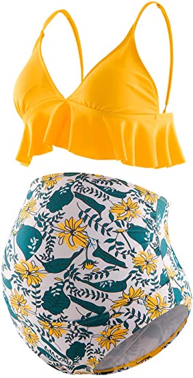 Bhome Maternity Two Pieces Bikini Set High Waisted Swimsuit Ruffle Summer Swimwear
