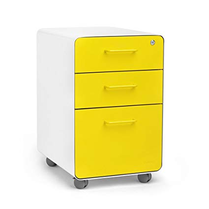 Poppin White   Yellow Stow Rolling 3-Drawer File Cabinet, Available in 10 Colors, Legal/Letter