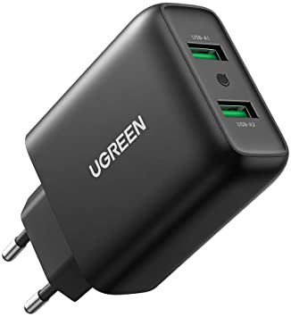 UGREEN 36W USB Ladegerät Schnellladegerät Quick Charge 3.0 2 Port Ladeadapter kompatibel mit Galaxy S10e S10 S9 S8 A51 A50 A40 A20e M20, Sony Xperia 10, Redmi Note8 Pro, Huawei P30 lite usw.(Schwarz)