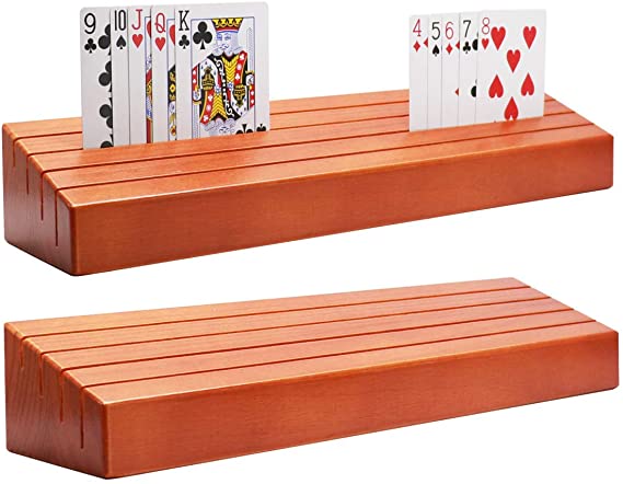 Wooden Playing Card Holder Set of 2 Solid Card Tray Rack Organizer for Kids Seniors Adults - 13.8 inch 3.1 Inch Extended Versions Long Enough for Bridge Canasta Strategy Card Playing