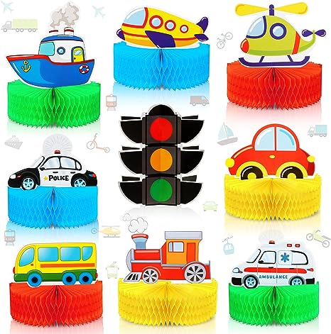 Outus 9 Pieces Transportation Honeycomb Centerpieces Transportation 3D Table Decorations Cakes Table Toppers Transportation Signs for Transportation Themed Birthday Baby Shower Party Supplies