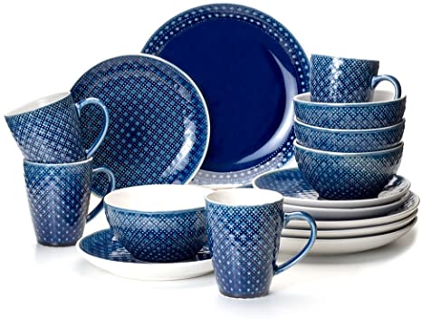 Euro Ceramica Palma Collection 16 Piece Ceramic Reactive Crackleglaze Dinnerware Set, Mosaic Tiling Design, Blue