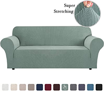 Durable Soft High Stretch Jacquard One Piece Sofa Slipcover Sage Couch Covers Lycra Furniture Protector Machine Washable Spandex Sofa Covers, XL Sofa Size