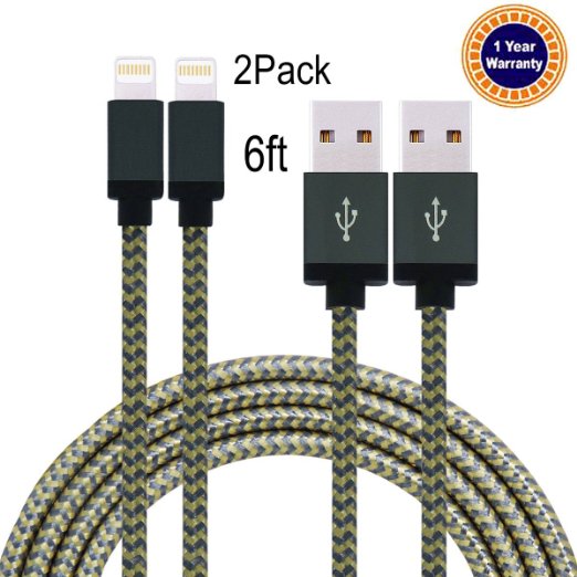 Jricoo 2pcs 6FT Lightning Cable Popular Nylon Braided Charging Cable Extra Long USB Cord for iphone 6s, 5SE, 6s plus, 6plus, 6,5s 5c 5,iPad Mini, Air,iPad5,iPod on iOS9.(gold gray)
