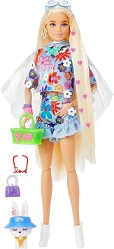 Barbie Extra Doll and Accessories with Extra-Long Blonde Hair Wearing Floral Outfit & Poncho with Pet Bunny 12 inch