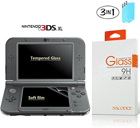 [3-Pack] Screen Protector for Nintendo New 3DS XL, Nacodex Tempered Glass for Top Screen and HD Clear Crystal PET Film for Bottom Screen [Compatible with 2012 and New 2015]