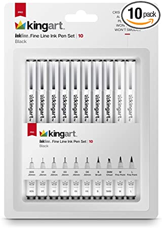 KINGART 430-10 Inkline Black Ink, Set of 10, Assorted Tips Fine Line Pen, 10 Piece