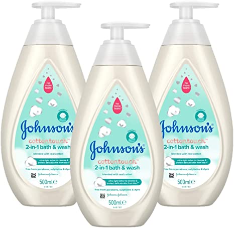 JOHNSON'S Baby Cottontouch 2-in-1 Bath & Wash Multipack – Gentle Newborn Hair and Body Wash – Blended with Real Cotton – pH Balanced for Sensitive Skin – 3 x 500ml