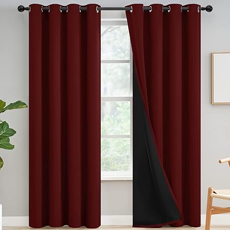 Yakamok 100% Blackout Curtains for Bedroom 2 Panels - Completely Blackout Window Drapes Thermal Insulate Window Panels with Black Backing for Living Room, Grommet Top (52 by 84 inches, Burgundy Red)