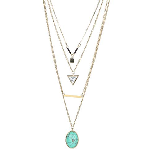 Fettero Womens Natural Stone Multilayer Pendant Long Chain Necklace 14K Gold Plated