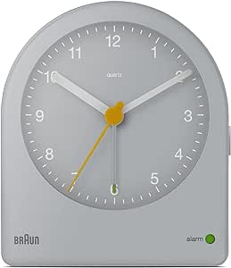 Braun Classic Analogue Alarm Clock with Snooze and Continuous Backlight, Quiet Quartz Movement, Crescendo Beep Alarm in Grey, model BC22G