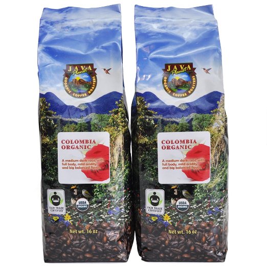 Java Planet - Colombian Organic Fair Trade Coffee Beans Medium Dark Roast Arabica Gourmet Specialty Grade A - 2 1lb bags