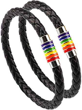 PHOGARY Gay Pride Bracelet LGBT Rainbow Bracelet (2 Packs), Couple Black Leather Bracelet Men’s Women’s Bangle with Rainbow Striped Stainless Steel Magnetic Clasp 22cm