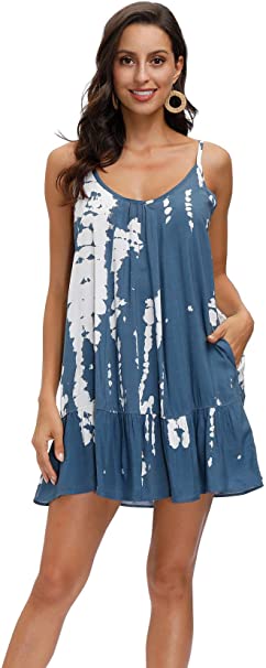 Women's Spaghetti Strap Mini Dress V Neck Boho Floral Printed Casual Summer Beach Short Sundress with Pockets