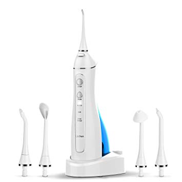 Lächen Rechargeable Water Flosser Cordless Dental Oral Irrigator 3 Modes Leak-Proof 220ml with 5 Jet Tips Portable Travel Case, White