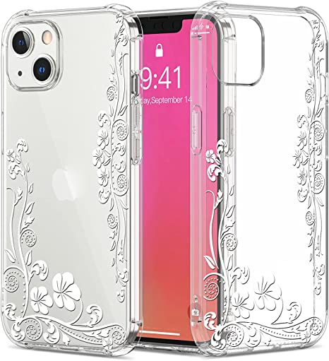 GREATRULY Floral Clear Case for iPhone 13 Mini 5.4 Inch for Women/Girls,Pretty Flower Design Silicone Phone Cover,Slim Soft Transparent Drop Proof TPU Protective Bumper Shell,FL-12