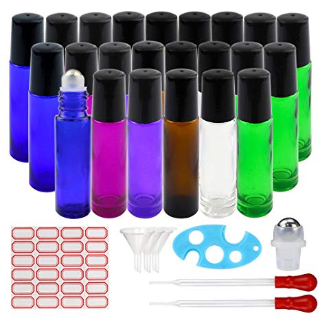 36pcs 10ml Glass Roller Bottle for Essential Oil with Opener, Glass Pipettes, Plastic Funnels and Label by Superlele