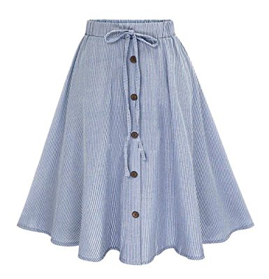 Allonly Women's A-Line High Waisted Button Front Drawstring Pleated Midi Skirt With Elastic Waist Knee Length