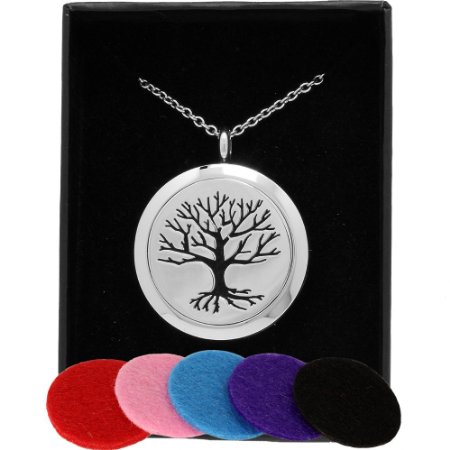 AromaRain Exclusive Tree of Life Essential Oil Diffuser Necklace - Premium 316L Surgical Stainless Steel With Chain, Gift Box and 5 Pads for Aromatherapy