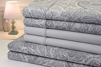 Bibb Home Paisley Printed 1200 Thread Count 6 Piece Cotton Sheet Set with Bonus Pillowcases - 8 Colors (Queen, Gray)