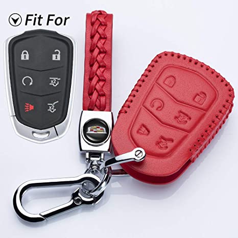 Jazzshion Genuine Leather for 2015-2018 Cadillac Escalade Remote Key fob Cover Leather Cadillac Escalade Key fob case Holder only for 6 Buttons