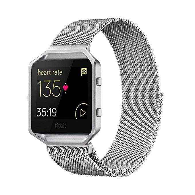 Akale Metal Band Compatible with Fitbit Blaze, Small and Large Stainless Steel Band with Metal Frame Replacement Strap Wristband for Fit bit Blaze Smart Fitness Watch, Women Men(Silver Large-A)