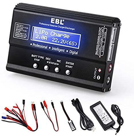 EBL 1S-6S Lipo Battery Charger Discharger Balance Battery Charger RC Battery Pack Charger for Li-PO/NiMH/NiCD/Li-Fe/LiHV/Li-ion Packs LCD Hobby Battery Charger with AC Power Adapter