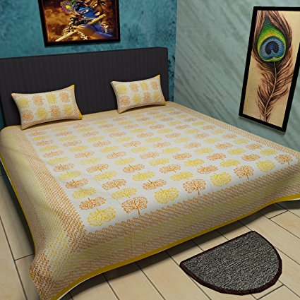 Traditional Mafia Tree of Good Luck Collection 100Percent pure Cotton Printed double Bedsheet with 2 pillow Covers, King, Yellow
