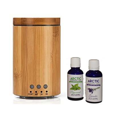 Real Bamboo diffuser with free 1oz Lavender and 1oz Peppermint oil; All Natural BPA free Ultrasonic Essential Oil Wood Aromatherapy Ultra fine mist Diffuser with Rotating LED lights