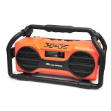Pyle PJSR350 - Waterproof Rechargeable Cordless Heavy Duty Worksite Radio with Bluetooth AMFM and Aux Input - Metal Handle and Frame - Orange