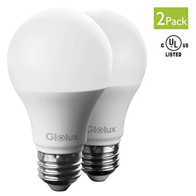 Glolux A19 LED Light Bulb, 60 Watt Equivalent, E26 Base Daylight 9 Watt Pack of 2