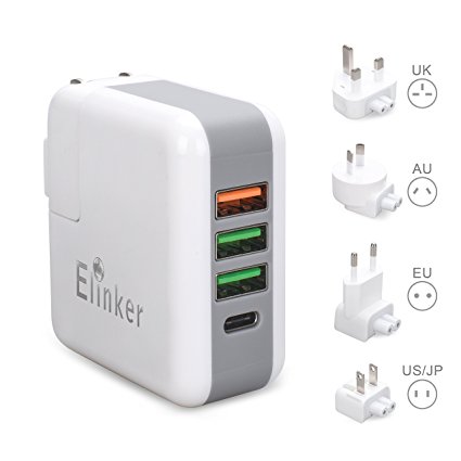 Elinker USB Charger Plug,4-Port USB Wall Charger, with US UK EU International Travel Adapter Quick Charge 3.0 Tech for MacBook,iPhone,iPad,Samsung,Tablet,Power Bank&more-White